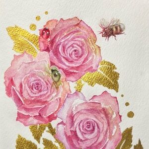 Original painting valentine roses bumblebee ladybug gold accents butterfly EAEH
